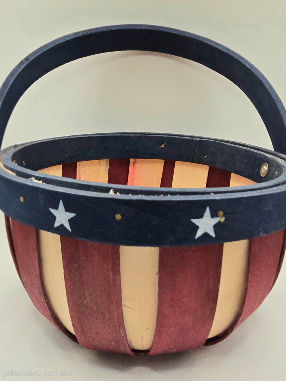 Vintage Red White Blue Round Wood Basket W/ Handle American Flag And Stars